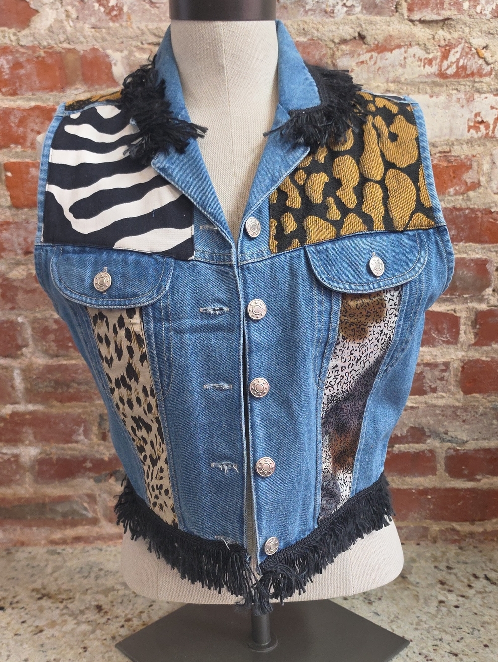 Vintage Taylor Denim Patchwork Animal-Print Vest with Black Fringe - 1519
